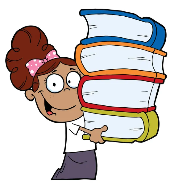 Chytrá dívka latina škola nesoucí hromadu knih — Stock fotografie