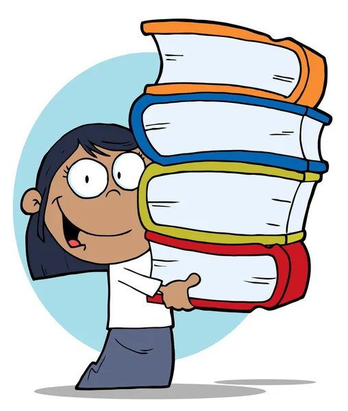 Inteligente preto escola menina carregando uma pilha de livros — Fotografia de Stock