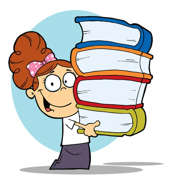 Brünettes Schulmädchen trägt einen Stapel Bücher — Stockfoto
