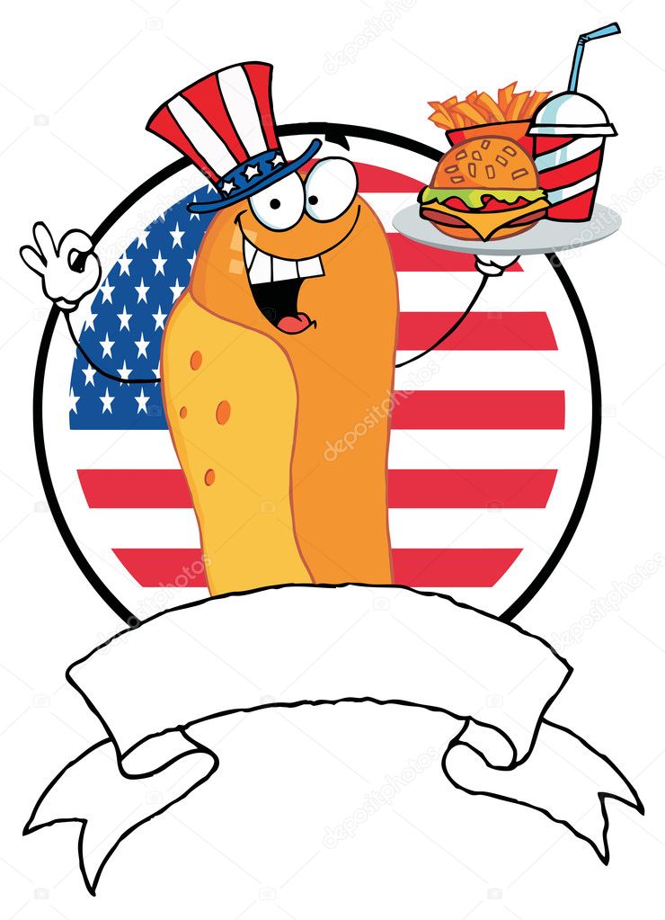 Hot Dog Chef Serving Fast Food, Over A Blank Banner And American Flag