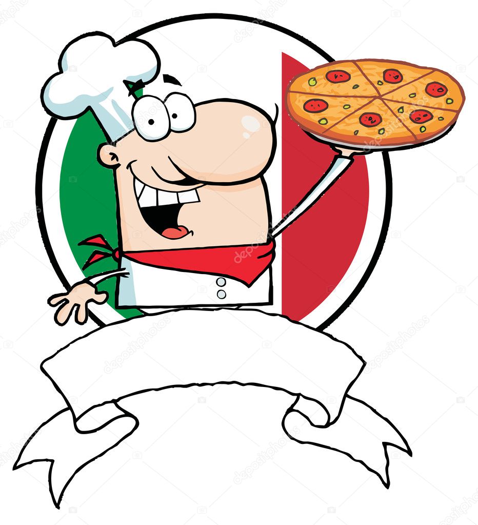 Cartoon Logo-Proud Chef Holds Up Pizza