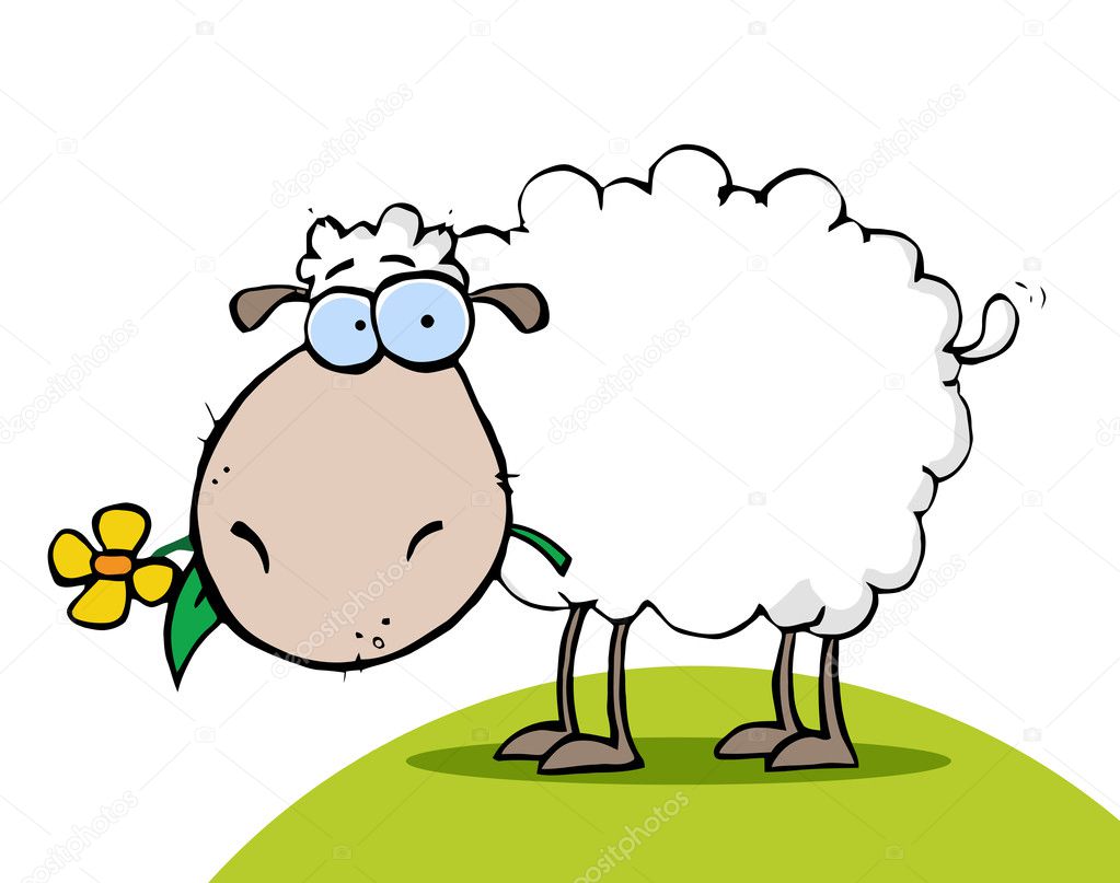 White Sheep Eating A Flower On A Hill