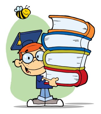 Bee Over A Graduation Boy With Books In Their Hands clipart