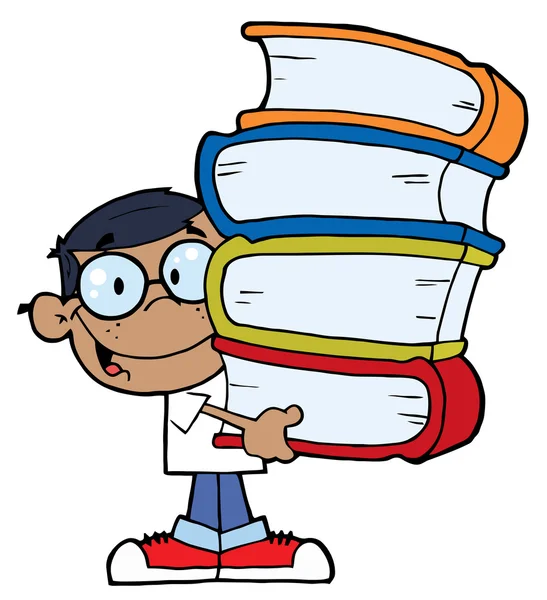 Amerikansk skola pojke bär en trave böcker — Stockfoto