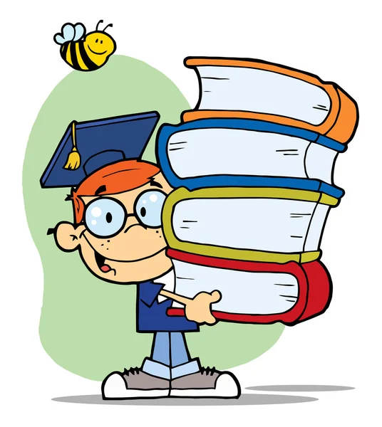 Бджола над випускний хлопчик з книги в руках — стокове фото