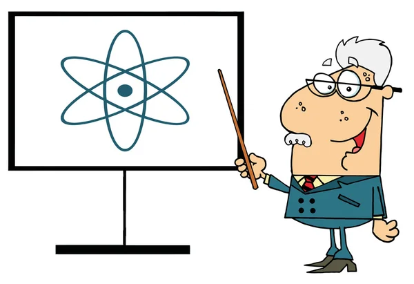 Senior Professor zeigt auf ein Atom — Stockfoto