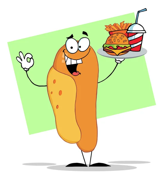 Hot dog maskot kreslená postava hospodářství — Stock fotografie