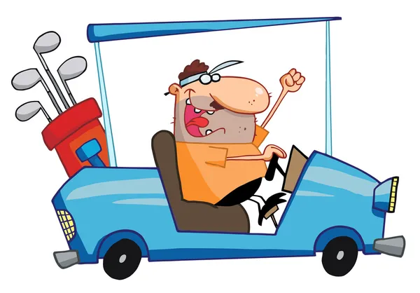 Szczęśliwy gracz jazdy wózkiem golfowym — Zdjęcie stockowe