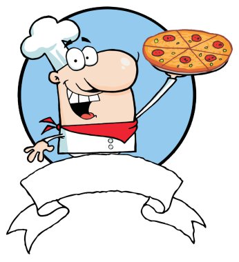 Cartoon Proud Chef Holds Up Pizza clipart