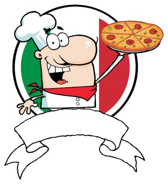 Logo-Proud Chef Holds Up Pizza In Front Of Flag Of Italy clipart