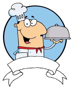 Cartoon Male Chef Serving Food In A Sliver Platter clipart