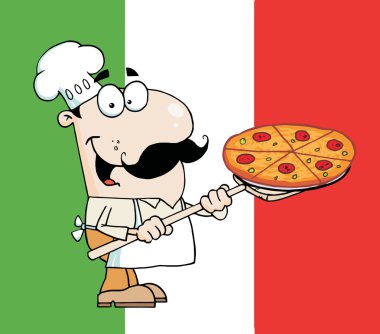 Happy Caucasian Chef Presenting His Pizza Pie clipart