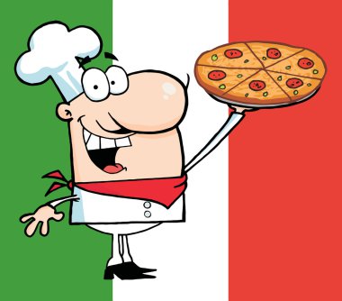 Happy Caucasian Chef Presenting His Pizz clipart