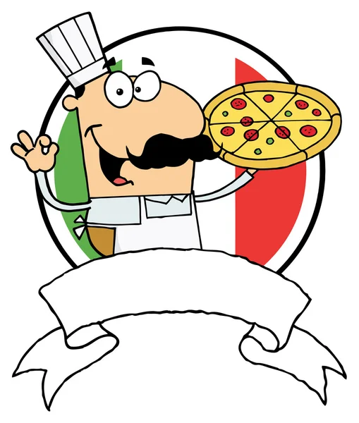 Hombre con pizza frente a la bandera de Italia — Foto de Stock