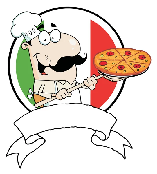 Chef orgulloso de dibujos animados insertando una pizza de pepperoni — Foto de Stock