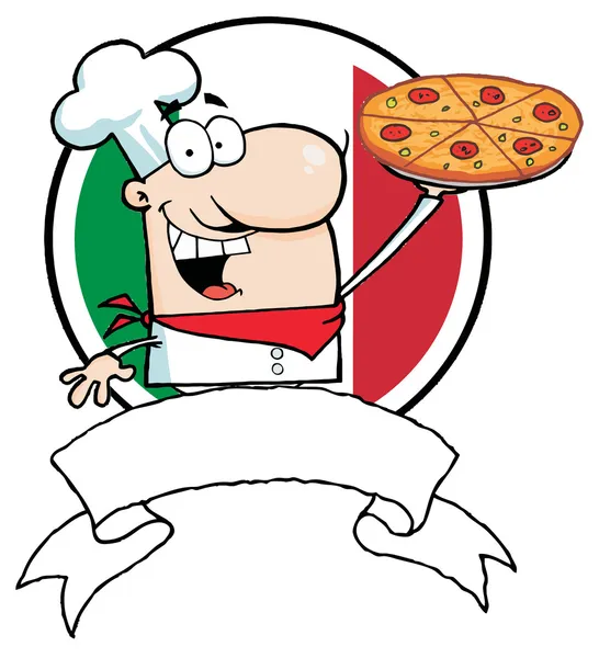 Logo-Proud Chef Holds Up Pizza In Front Of Flag Of Italy — Stock Photo, Image