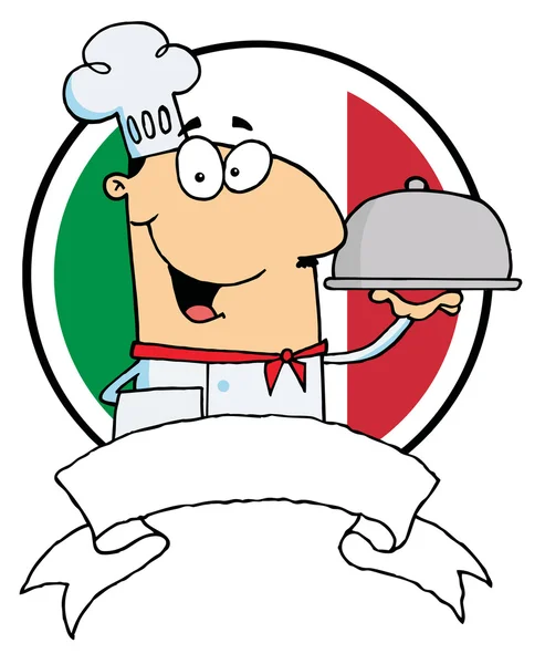 Logo-büszke séf felemeli pizza előtt Olaszország zászlaja — Stock Fotó