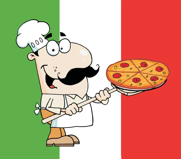 Chef caucásico feliz presentando su pastel de pizza — Foto de Stock