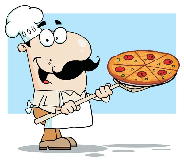 Chef branco feliz carregando uma torta de pizza — Fotografia de Stock