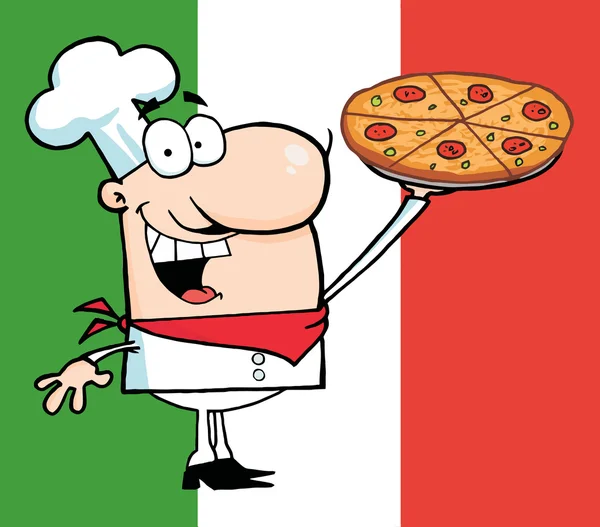 행복 한 백인 요리사 그의 pizz 제시 — 스톡 사진