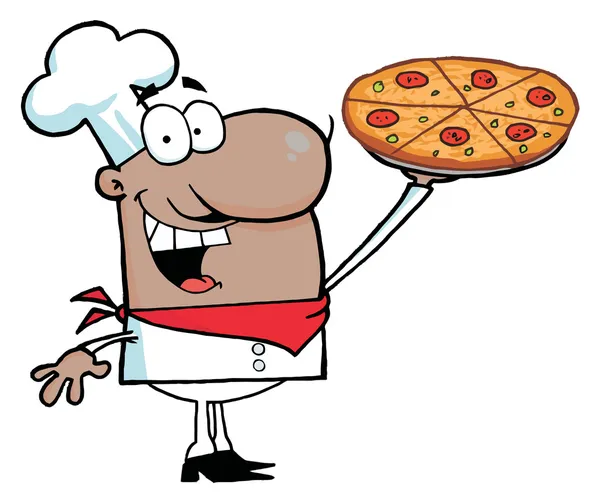 Glad spansktalande kocken presenterar sin pizza paj — Stockfoto