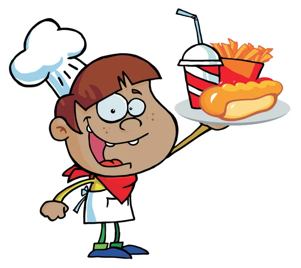 Spansktalande kock pojke bär en korv, pommes frites och dryck — Stockfoto