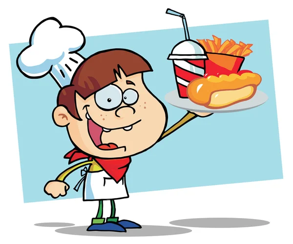 Білий хлопець шеф-кухаря, несучи хот-дог, Французька картопля і кола — стокове фото
