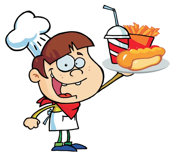 Kaukasische chef-kok jongen met een hot dog, Franse frietjes en drankje — Stockfoto