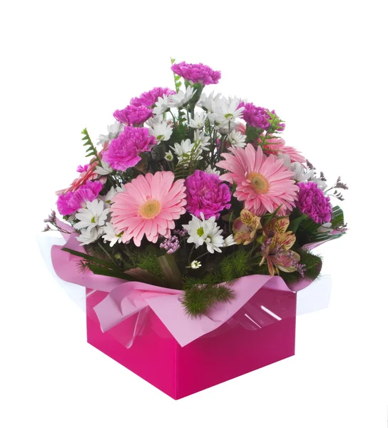 Arreglo de flores en caja rosa — Foto de Stock