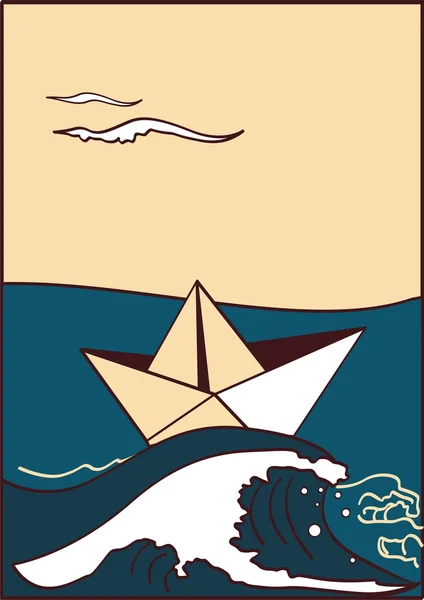 Paper toy-ship at sea — Stock Vector