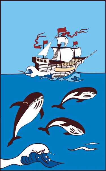 Nave en el mar y hay ballenas en — Archivo Imágenes Vectoriales