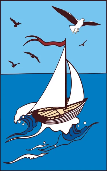 Yacht en mer et mouettes — Image vectorielle