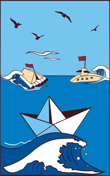 Χαρτί παιχνίδι-πλοίο στη θάλασσα Διάνυσμα Αρχείου