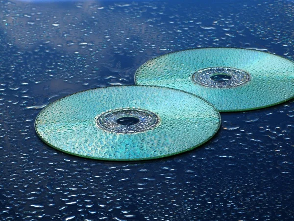 CD и капли воды на синем фоне — стоковое фото
