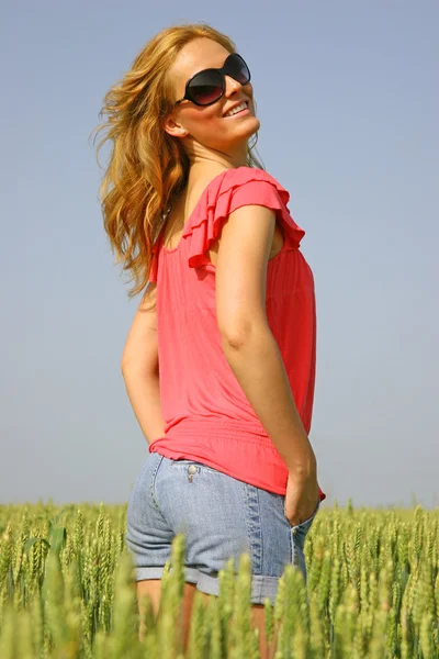 美丽性感的女孩，在小麦田中 — 图库照片
