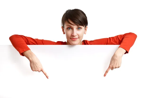 Girl behind an empty white board — Stock Photo, Image