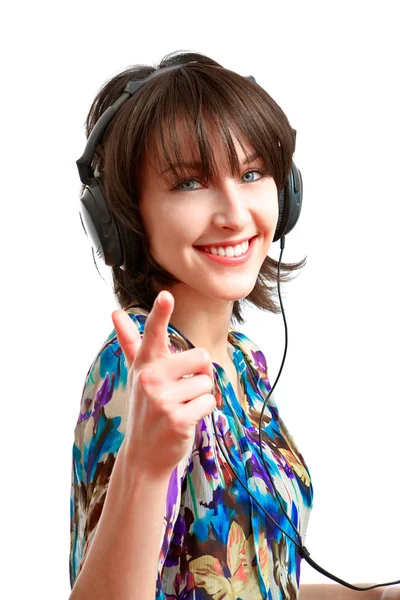 Šťastná dívka se sluchátky — Stock fotografie