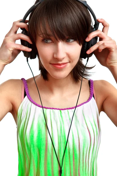 DJ dívka se sluchátky s úsměvem — Stock fotografie