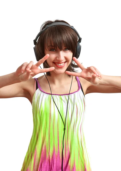 Menina feliz com fones de ouvido — Fotografia de Stock