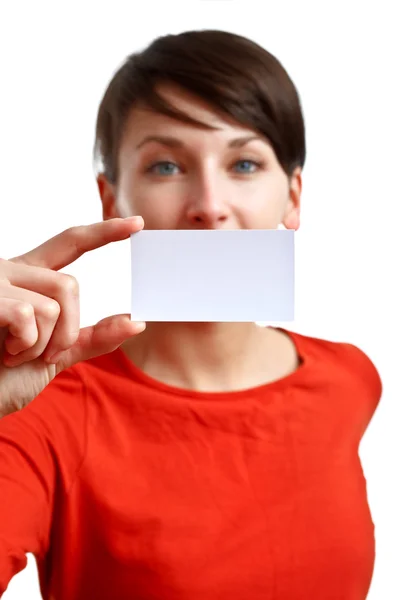 Menina mostrando cartão de visita em branco — Fotografia de Stock