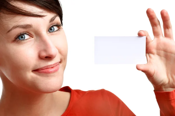 Menina mostrando cartão de visita — Fotografia de Stock