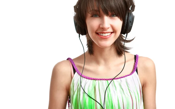 Šťastná dívka se sluchátky — Stock fotografie