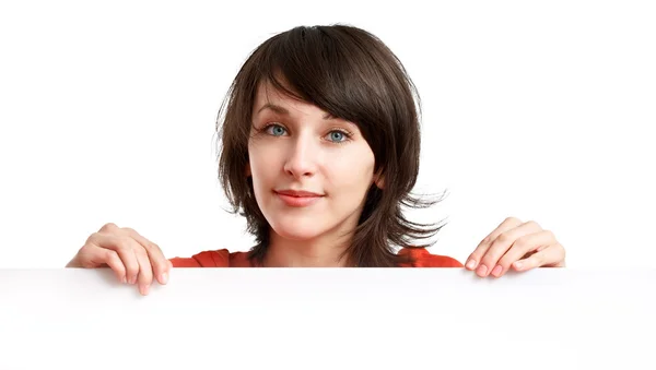 Girl holding an empty white board — Stock Photo, Image