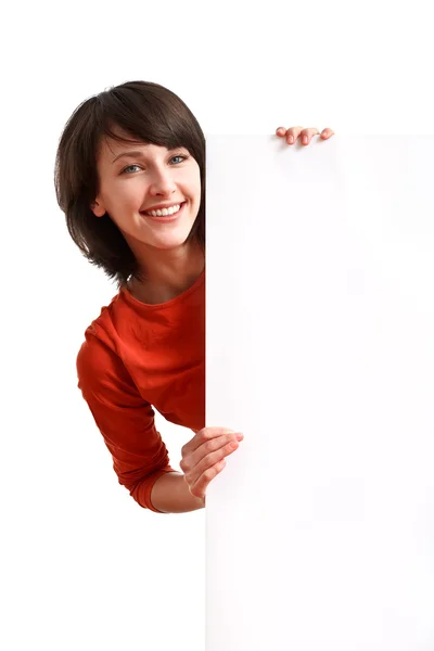 Kız boş bir beyaz tahta holding — Stok fotoğraf