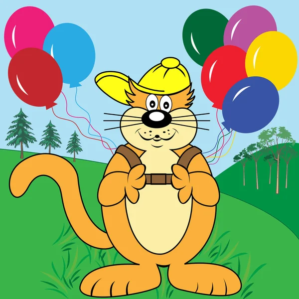 Kreslená kočka s balónky v parku — Stockový vektor