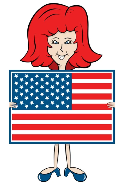 Señora de dibujos animados sosteniendo la bandera americana — Stockvector