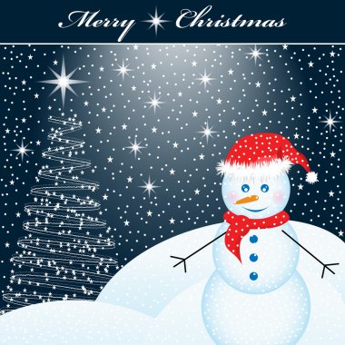 Snowman and christmas tree at night clipart