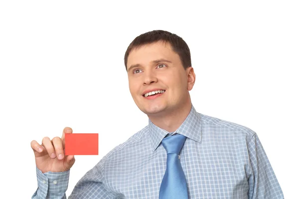Man pointing at card — Stock Photo, Image