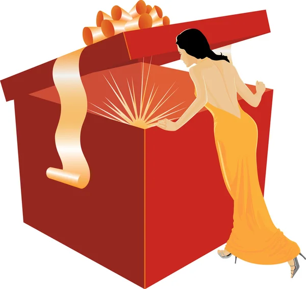 La muchacha mira en la caja grande con los regalos — Vector de stock