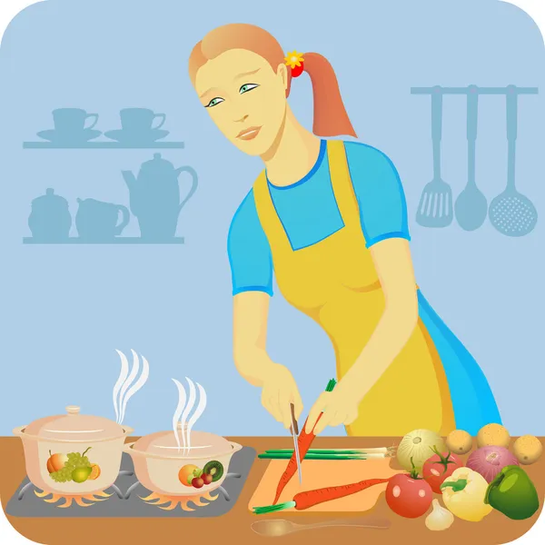 A dona de casa faz um jantar — Vetor de Stock